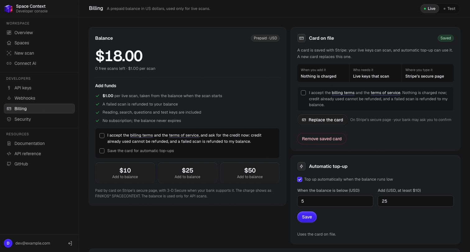 Billing in the console: the balance with its top-up buttons, the automatic top-up settings and the spend of the last 30 days