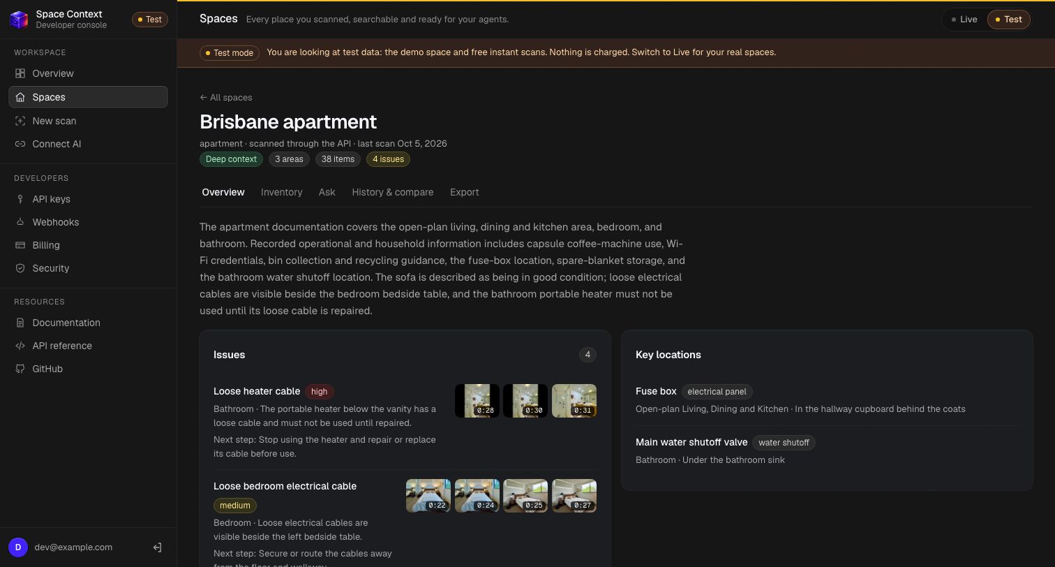 The demo space in the console: summary, issues with their evidence frames and severity, key locations, and the tabs Inventory, Ask, History & compare and Export