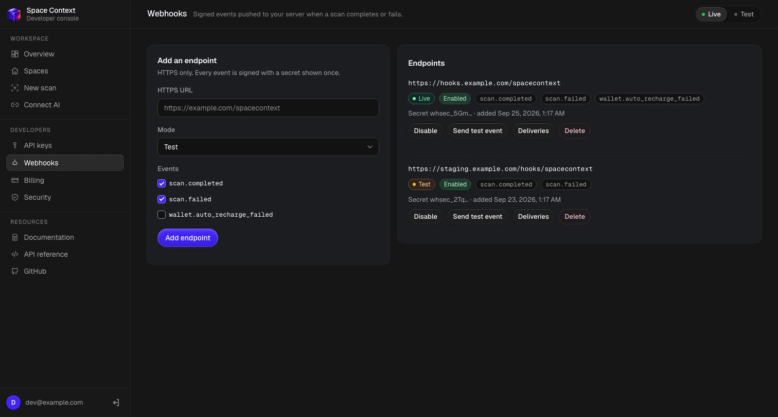 Webhooks in the console: add an HTTPS endpoint for test or live events, choose scan.completed, scan.failed and wallet.auto_recharge_failed, and see your endpoints